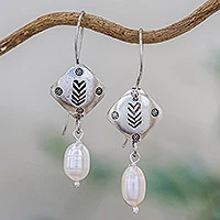 Cultured pearl dangle earrings, 'Hill Tribe Cool' - Cultured Pearl Hill Tribe Silver Dangle Earrings