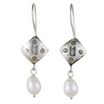 Cultured pearl dangle earrings, 'Hill Tribe Cool' - Cultured Pearl Hill Tribe Silver Dangle Earrings