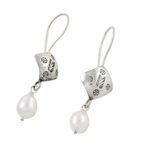 Cultured pearl dangle earrings, 'Hill Tribe Cool' - Cultured Pearl Hill Tribe Silver Dangle Earrings