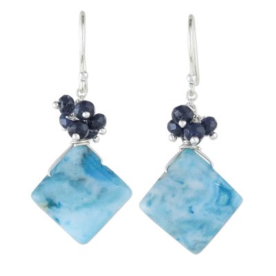 Quartz dangle earrings, 'Back to Square One' - Sterling Silver and Blue Quartz Beaded Earrings