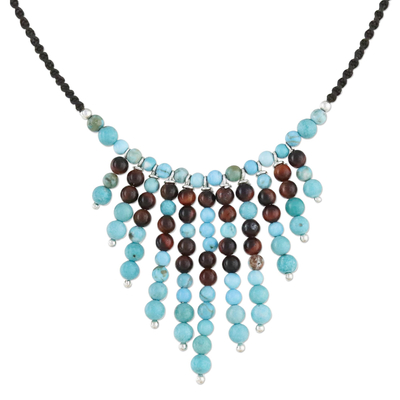 Halskette mit Tigerauge-Anhänger und Perlen - Blaue und braune Edelstein-Wasserfall-Halskette mit Perlen