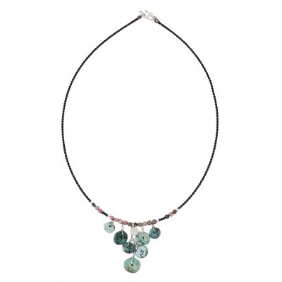 Rhodonite beaded waterfall necklace, 'Button Drop' - Rhodonite and Reconstituted Turquoise Bead Necklace