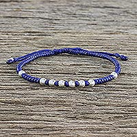 Silver beaded cord bracelet, 'Hill Tribe Ultramarine' - Ultramarine Cord Bracelet with 950 Silver Beads