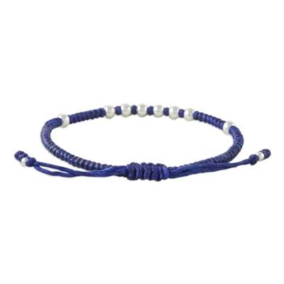 Silver beaded cord bracelet, 'Hill Tribe Ultramarine' - Ultramarine Cord Bracelet with 950 Silver Beads