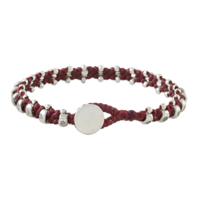 Silver beaded wristband bracelet, 'Karen Fashion in Cherry' - Cherry Red Cord Bracelet with Hill Tribe Silver Beads