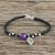Amethyst and silver beaded charm bracelet, 'Hill Tribe Leaf' - Leaf Motif Black Cord Bracelet with Amethyst Bead (image 2) thumbail