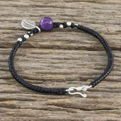 Amethyst and silver beaded charm bracelet, 'Hill Tribe Leaf' - Leaf Motif Black Cord Bracelet with Amethyst Bead