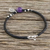Amethyst and silver beaded charm bracelet, 'Hill Tribe Leaf' - Leaf Motif Black Cord Bracelet with Amethyst Bead (image 2b) thumbail