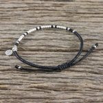Silver beaded cord charm bracelet, 'Bohemian Life in Black' - Bohemian Black Cord and 950 Silver Beaded Bracelet