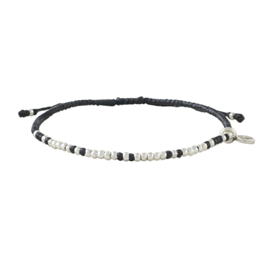 Silver beaded cord charm bracelet, 'Bohemian Life in Black' - Bohemian Black Cord and 950 Silver Beaded Bracelet