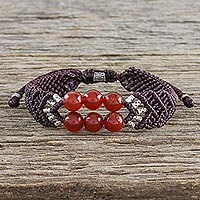 Carnelian beaded pendant bracelet, 'Smart Scarlet' - Carnelian Bead Pendant Bracelet with 950 Silver Accents