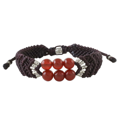 Carnelian beaded pendant bracelet, 'Smart Scarlet' - Carnelian Bead Pendant Bracelet with 950 Silver Accents