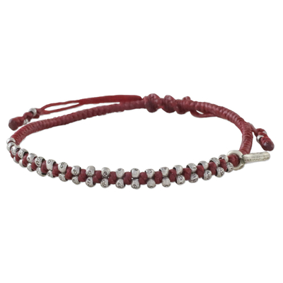 Silver beaded cord bracelet, 'Bohemian Life in Crimson' - Hand Crafted Cord Bracelet in Red with 950 Silver