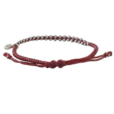 Silver beaded cord bracelet, 'Bohemian Life in Crimson' - Hand Crafted Cord Bracelet in Red with 950 Silver