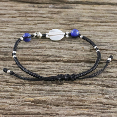 Lapis lazuli and silver pendant bracelet, 'Hill Tribe Twist' - Beaded 950 Silver and Lapis Lazuli Cord Bracelet