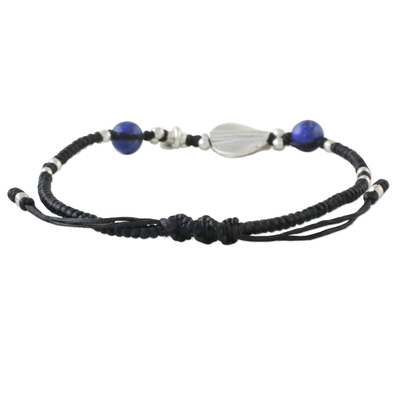 Lapis lazuli and silver pendant bracelet, 'Hill Tribe Twist' - Beaded 950 Silver and Lapis Lazuli Cord Bracelet