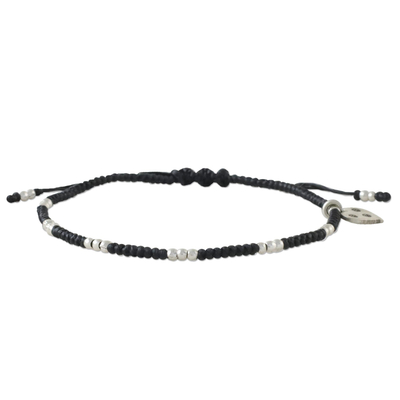 Silver beaded cord charm bracelet, 'Heart's Wish' - Hill Tribe Style Silver 950 Black Cord Heart Bracelet