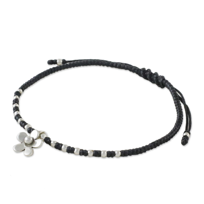 Silver beaded cord charm bracelet, 'Flower Charm' - 950 Silver Flower Charm Bracelet on Black Cords