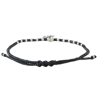 Silver beaded cord charm bracelet, 'Flower Charm' - 950 Silver Flower Charm Bracelet on Black Cords