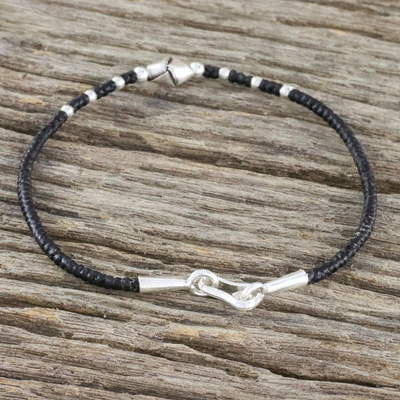 Silver beaded cord bracelet, 'Knot Me' - Unique 950 Silver Knot Bracelet on Black Braided Cords