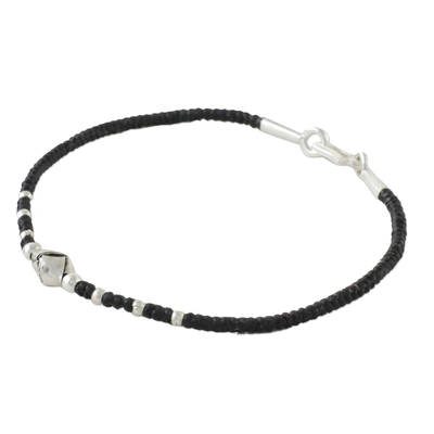 Silver beaded cord bracelet, 'Knot Me' - Unique 950 Silver Knot Bracelet on Black Braided Cords