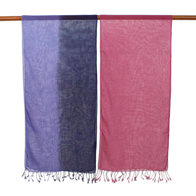 Pañuelos de algodón, (par) - Dos bufandas de algodón tejidas a mano de Tailandia