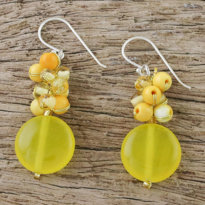 Quartz beaded dangle earrings, 'Fun Circles in Yellow' - Quartz and Glass Bead Dangle Earrings from Thailand