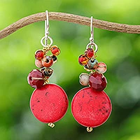 Calcite beaded dangle earrings, 'Red Circles' - Red Calcite and Glass Bead Dangle Earrings from Thailand