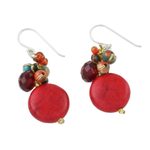 Calcite beaded dangle earrings, 'Red Circles' - Red Calcite and Glass Bead Dangle Earrings from Thailand