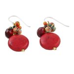 Calcite beaded dangle earrings, 'Red Circles' - Red Calcite and Glass Bead Dangle Earrings from Thailand