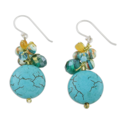 Calcite beaded dangle earrings, 'Blue Circles' - Blue Calcite and Glass Bead Dangle Earrings from Thailand