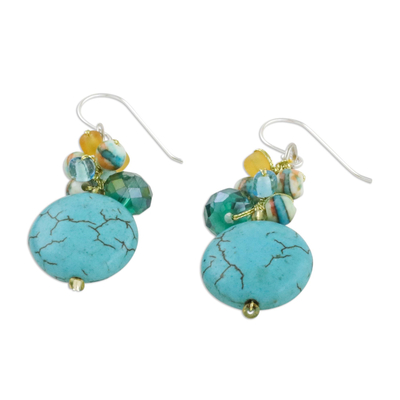 Calcite beaded dangle earrings, 'Blue Circles' - Blue Calcite and Glass Bead Dangle Earrings from Thailand
