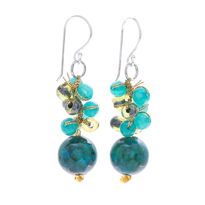 Serpentine and quartz beaded dangle earrings, 'Fun Circles in Teal' - Serpentine and Quartz Dangle Earrings from Thailand