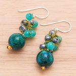 Serpentine and quartz beaded dangle earrings, 'Fun Circles in Teal' - Serpentine and Quartz Dangle Earrings from Thailand