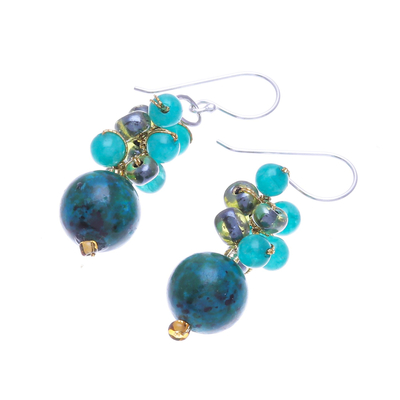 Serpentine and quartz beaded dangle earrings, 'Fun Circles in Teal' - Serpentine and Quartz Dangle Earrings from Thailand