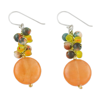 Quartz beaded dangle earrings, 'Fun Circles in Orange' - Orange Quartz and Glass Bead Dangle Earrings from Thailand