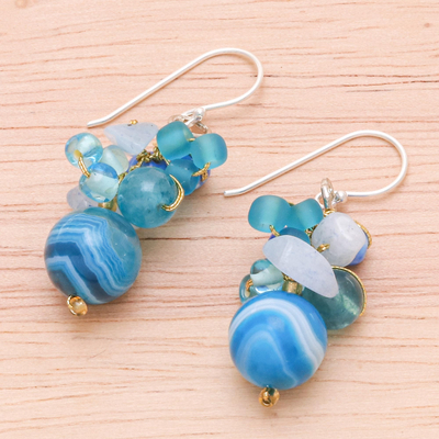 Quartz beaded dangle earrings, 'Lovely Blend in Blue' - Blue Quartz and Glass Bead Dangle Earrings from Thailand