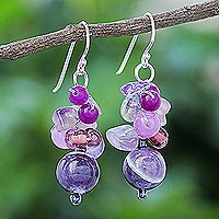 Quartz and amethyst beaded dangle earrings, 'Lovely Blend in Purple'
