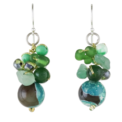 Quartz beaded dangle earrings, 'Lovely Blend in Green' - Green Quartz and Glass Bead Dangle Earrings from Thailand