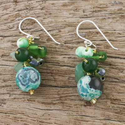 Quartz beaded dangle earrings, 'Lovely Blend in Green' - Green Quartz and Glass Bead Dangle Earrings from Thailand