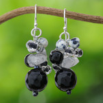 Quartz and onyx dangle earrings, 'Lovely Blend in Black' - Quartz and Onyx Dangle Earrings from Thailand