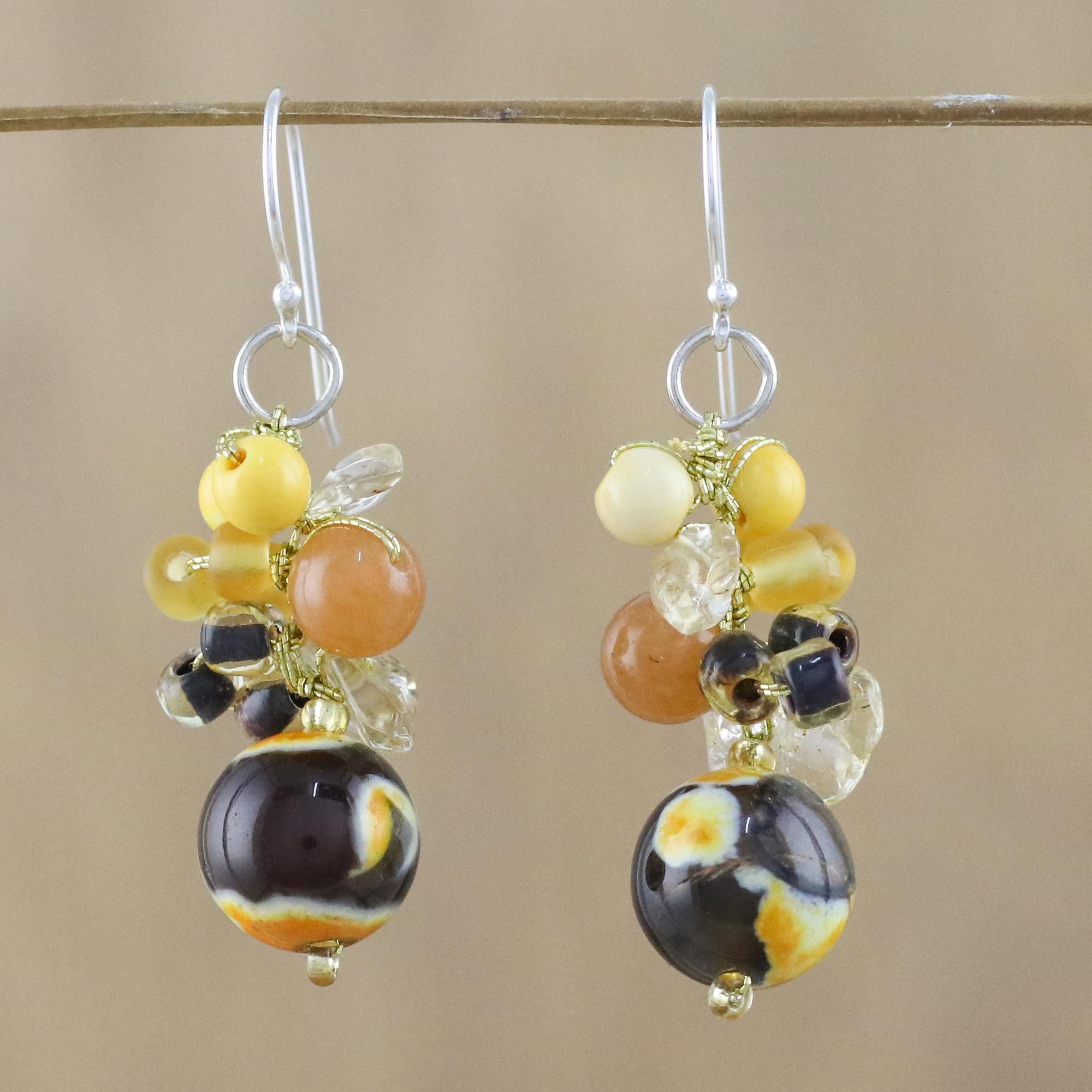 Yellow Quartz And Citrine Dangle Earrings From Thailand Lovely Blend In Yellow Quartz And Citrine Dangle Earrings From Thailand Lovely Blend In