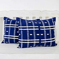 Cotton batik cushion covers, 'Thai Modern' (pair) - Indigo and White Rectangular Cushion Covers in Cotton (Pair)