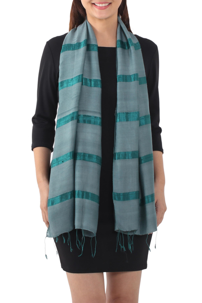 Silk blend scarf, 'Sound of Nature in Viridian' - Handwoven Striped Silk Blend Scarf in Viridian from Thailand