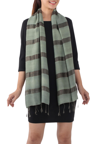 Silk blend scarf, 'Sound of Nature in Olive' - Handwoven Striped Silk Blend Scarf in Olive from Thailand