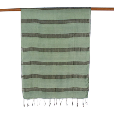 Silk blend scarf, 'Sound of Nature in Olive' - Handwoven Striped Silk Blend Scarf in Olive from Thailand