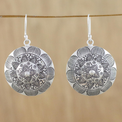 Silver dangle earrings, 'Lanna Welcome' - Round Floral Motif Earrings in 950 Hill Tribe Silver