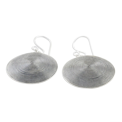 Sterling silver dangle earrings, 'Dark Spiral Circles' - Dark Spiral Circular Sterling Silver Earrings from Thailand