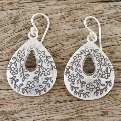 Sterling silver dangle earrings, 'Floral Loops' - Drop-Shaped Floral Sterling Silver Earrings from Thailand