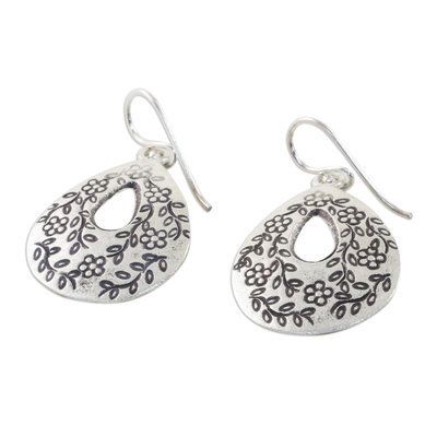 Sterling silver dangle earrings, 'Floral Loops' - Drop-Shaped Floral Sterling Silver Earrings from Thailand